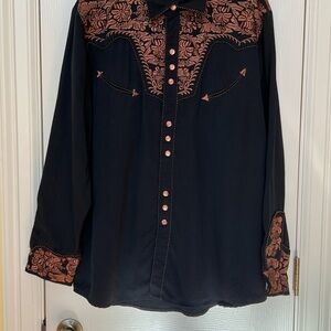 Scully Black Embroidered Western Pearl Snap Shirt Mens L Rodeo Cowboy Classic